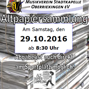 Wir sammeln Ihr Altpapier am 29. Oktober 2016 ab 08:30 Uhr!