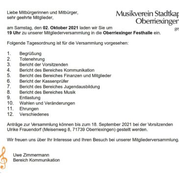 02.10.21 Mitgliederversammung  / 19 Uhr / Festhalle